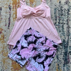 Pink and Black Swim Set with Wide Straps and Flowy Camisole